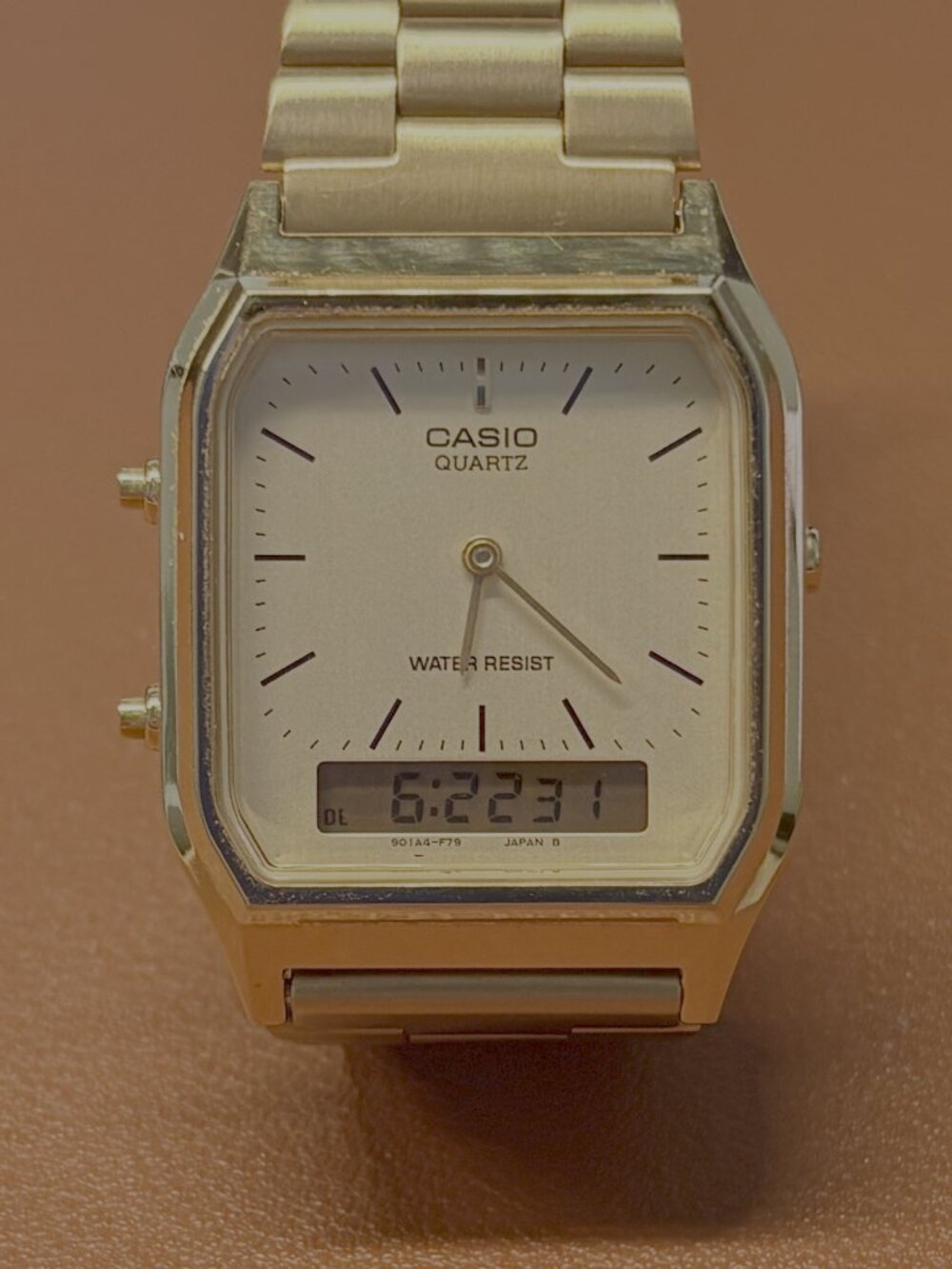 Casio Vintage AQ-230 Gold Ana-Digi Watch Dual Time